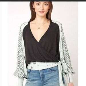 Free People Auxton Thermal Wrap Waffle knit green blouse Size S